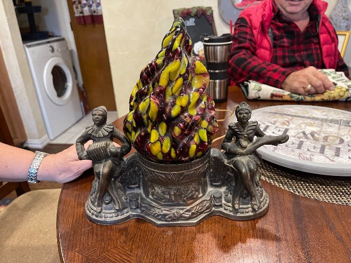 FRANK/NUART ART DECO HARLEQUIN BRONZE WASH RADIO LAMP with End of Day Flame Globe.  1920's