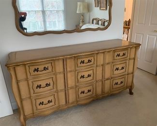 Vintage French Provencial Triple Dresser with Mirror.Warm Medium Toned