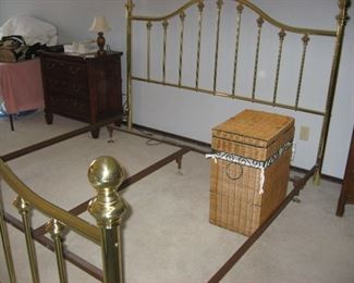 King Size Brass Bed   Also wicker clothes hamper