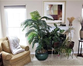 Thomasville striped chair shown with both silk and live plants.