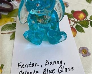 Fenton bunny rabbit, Celeste blue glass, hand painted 