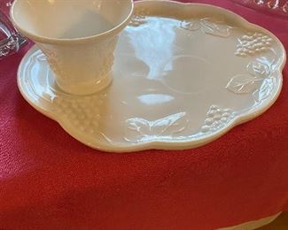 Vintage white Milk Glass Snack plate and cup - Grape and Leaves pattern