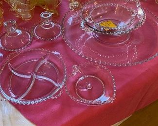 Imperial glassware candlesticks, heart shaped bowl and divided dish
