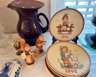 Hummel plates and figurines, amethyst pitcher, Delft pieces