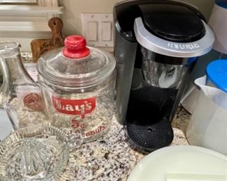 Lays Jar with Tom's lid, Keurig, glass reamer