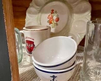 Egg Plate, beer mugs, Navy bowls