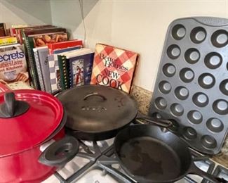 Cookbooks, steamer, Lodge skillet, muffin pans