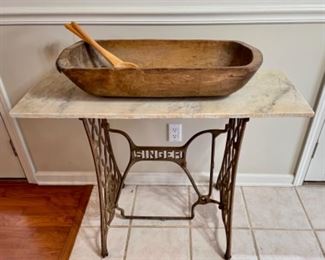 marble top on Singer sewing base, antique dough bowl 