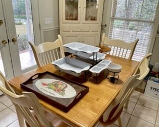 Corner china cabinet, Dinette table with butterfly leaf and 4 Windsor chairs