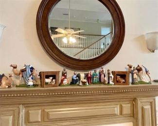 large ceramic nativity set, round beveled mirror