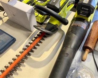 Ryobi battery blower, hedge trimmer, and weedeater