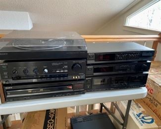 Sony turntable, amplifier, CD changer, turner, cassette deck, JVC speakers