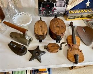 antique irons, pulleys