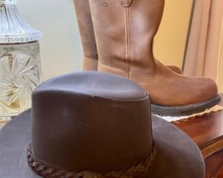 Wilson leather cowboy hat, like-new men's size 11 Wolverine steel toe boots