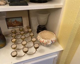 Candles, lamp, picture & pottery