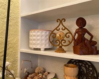 Glass planter, vintage clock, beautiful polished wood statue