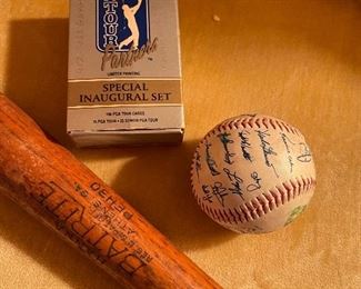 Vintage bat, signed baseball and golf trading cards 