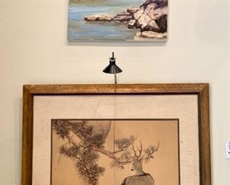 Oil on canvas "Shaded Rocks at River's Bend" signed David Schulze and Asian deer print