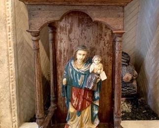 Antique domed Santo niche and Madonna & child polychrome Santo