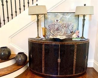 Vanucci leather & walnut bow front cabinet