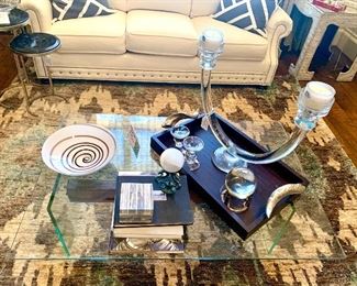 Glass coffee table and Global Views glass tube candelabra
