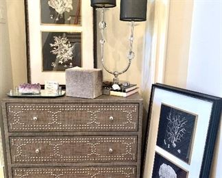 Contemporary upholstered chest, John Richard chrome & glass double light lamp and pair of framed coral prints