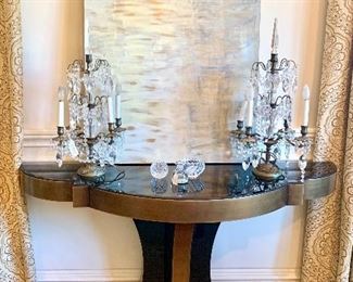 John Richard glass top demilune accent table and crystal conversion table top candelabra