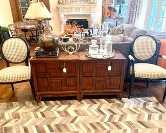 Pair of walnut mid-century style end tables and pair of black balloon back chairs in checked fabric