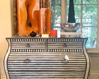 Theodore Alexander "Lines of Attraction" chest, mid-century style vases, John Richard lamp