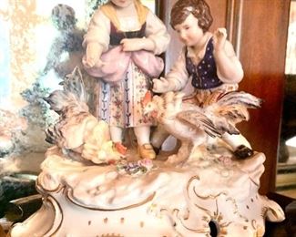 Carl Thieme porcelain boy and girl with roosters