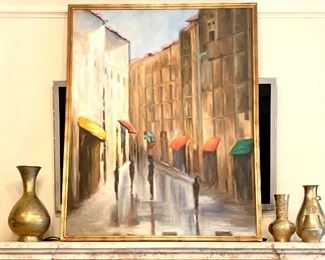 Stylized mid-century style painting, unknown artist and several gorgeous antique and vintage brass vases