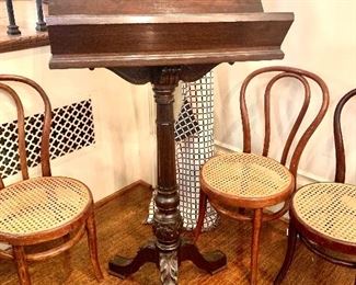 Antique Bible stand and four 19th c caned Thonet children's bentwood chairs