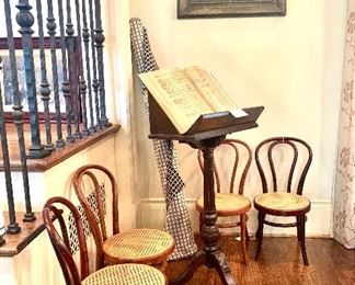 19th c Thonet chairs and antique bible stand