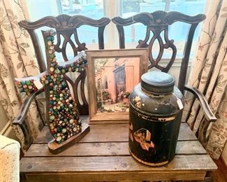 Chippendale settee, mosaic crosses and tole milk pail