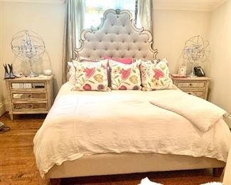 Queen bed with Hooker tufted & mirrored headboard and end tables