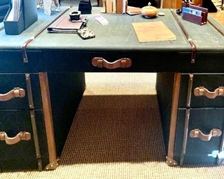 Trunk style fabric covered desk with leather accents
