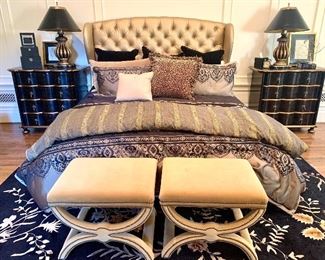 King size gold silk tufted headboard, pair of campaign style stools, pair of John Richard black & gold painted chests.  Black & gold wool & silk rug (8' x 11')