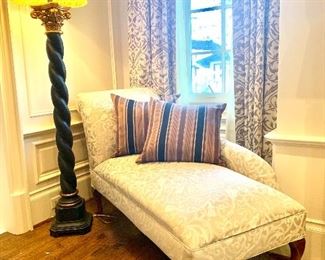 Ivory damask chaise,  black & gold column floor lamp