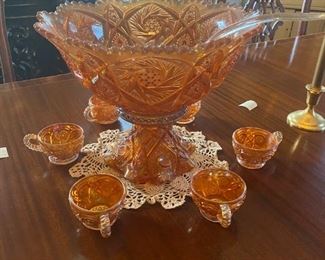 MARIGOLD CARNIVAL GLASS PUNCH BOWL SET