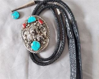 Turquoise, red coral and sterling silver bolo