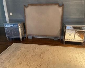 Restoration Hardware Queen headboard, rug and bedside tables sold in following photos.  
