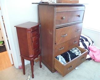 VINTAGE 4 DRAWER TALL CHEST & SMALL JEWELRY CABINET