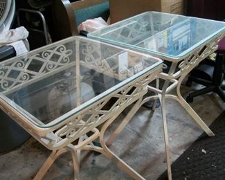 PAIR OF WHITE FRAME SQUARE GLASS TOP END TABLES