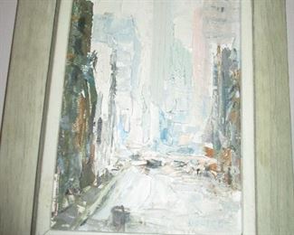 Leon Dolice scene of NEW YORK city, OIL ON BOARD, HEIGHT 11 INCHES, WIDTH 7 INCHES.