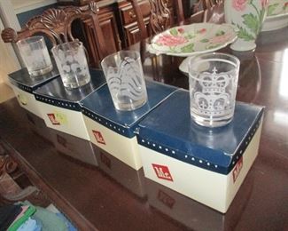 FOUR Mignon Fiaget glass sets of 8--- 32 of each style in original boxes