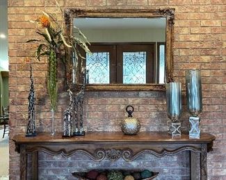 Wood Entrance Table,  Klepina Glass Vases with Aluminum Base, Giraffe Statues