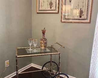Mid Century Gilded Metal Beverage Trolley Cart with Tinted Glass Shelves, Framed Silk Handkerchiefs