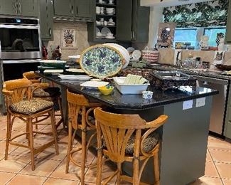 Mid Century Radomsko-Poland  Thonet Bentwood Bar Stools, Decorative Italian Pottery Serving Trays