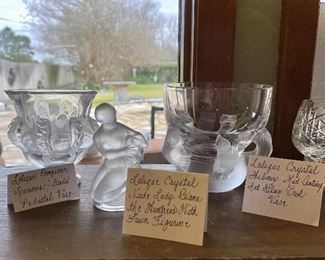 Lalique Dampierre Sparrows/Birds Pedestal Vase, Lalique Crystal Nude Lady Diana the Huntress with Fawn Figurine, Lalique Crystal Hiboux Mid-Century Art Glass Owl Vase