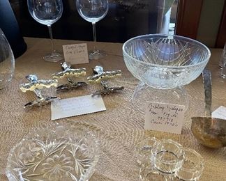 Waterford Marquis Stemware, Jobling Opalique Bowl Circa 1930’s, Royal Hickman Punch Ladle, Vintage Silverplate Tomato Server, Oleg Cassini Crystal Napkin Rings